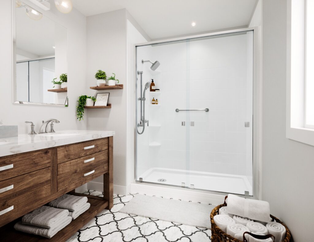 White Bath Fitter shower with glass doors, Rimini tile-look acrylic walls and a wood vanity