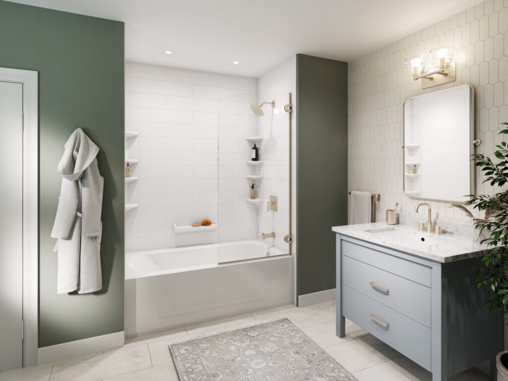 White bathtub with a glass screen, white wall surround and green bathroom walls
