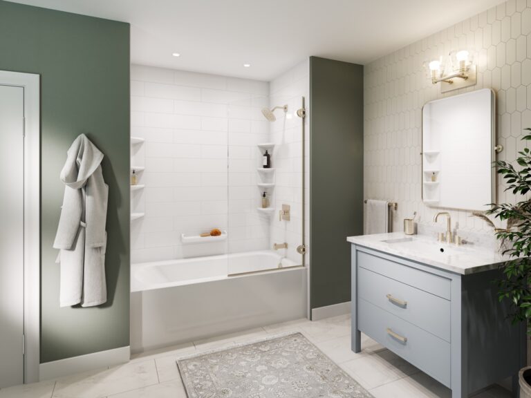 White bathtub with a glass screen, white wall surround and green bathroom walls