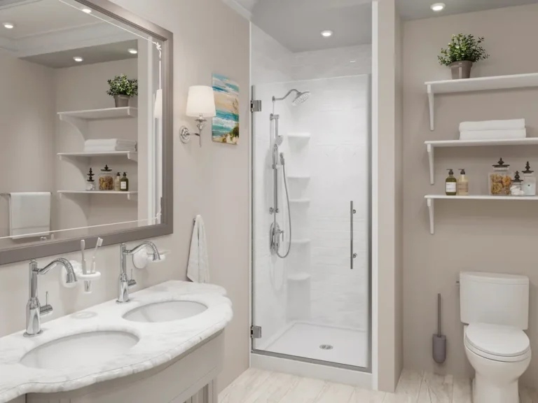 Alcove pivot door — A glass enclosure with a pivoting entrance for this shower layout.