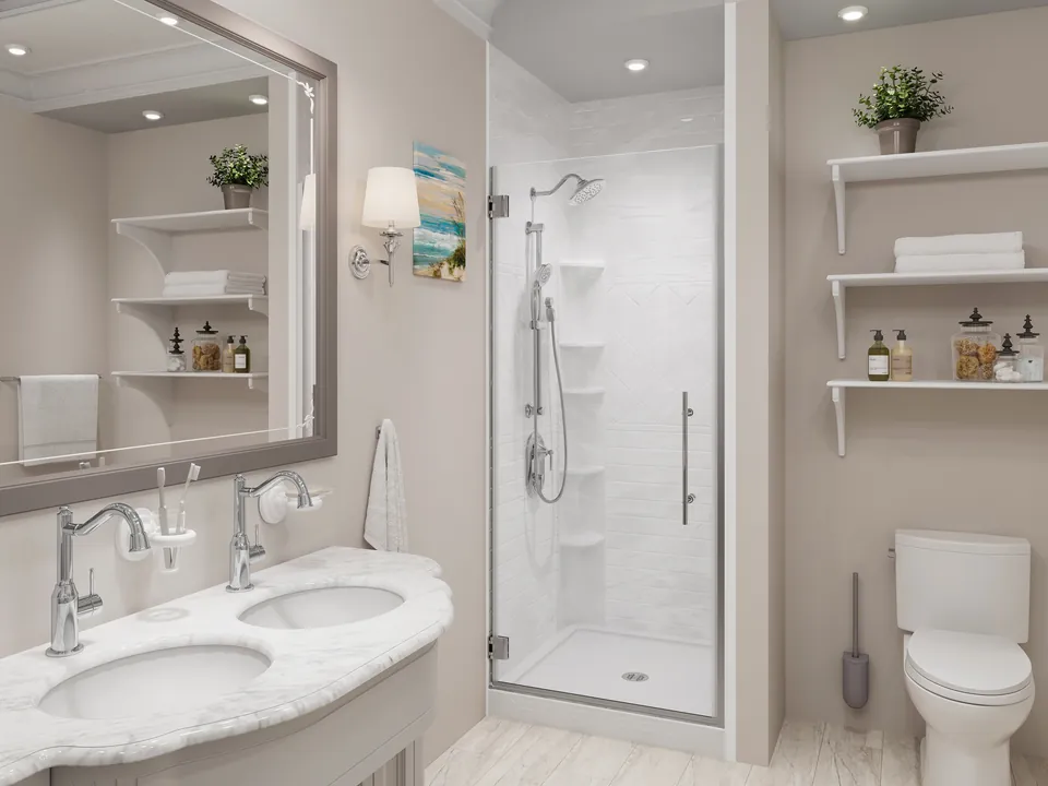 Alcove pivot door — A glass enclosure with a pivoting entrance for this shower layout.