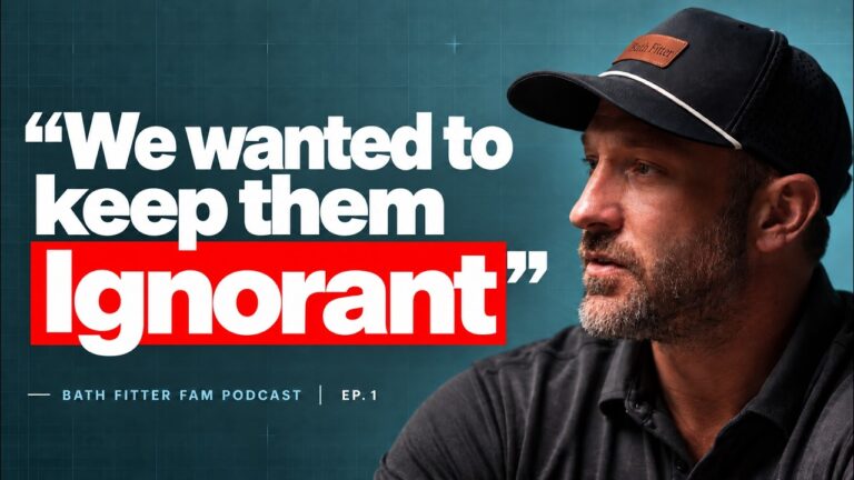 Bath Fitter Fam Podcast Episode 1 on shower remodel pricing, with the headline “We wanted to keep them ignorant.”