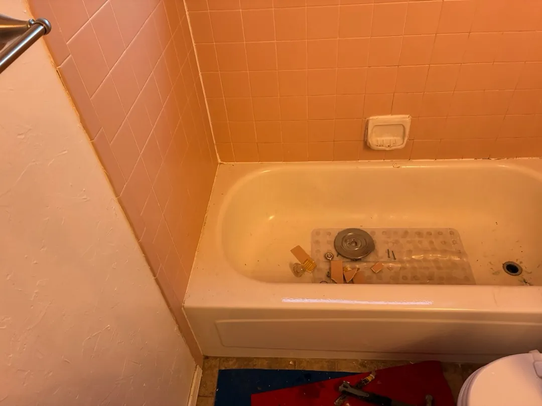 Original Edmond bathtub and square-tile walls before replacement