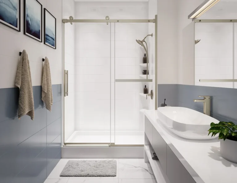 Glass shower enclosure with a mosaic-style Rimini wall in White Marble.