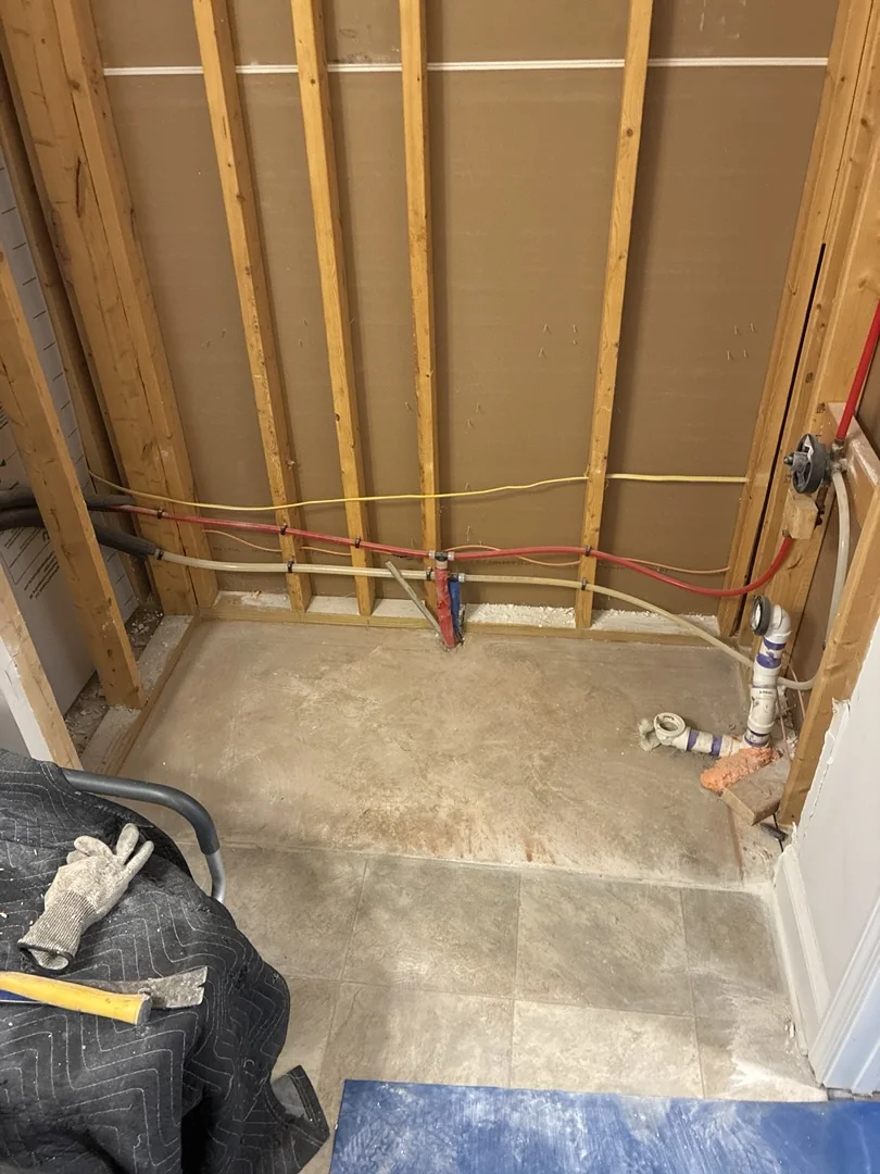 Demolition photo of a tub to shower conversion in Greenville, SC