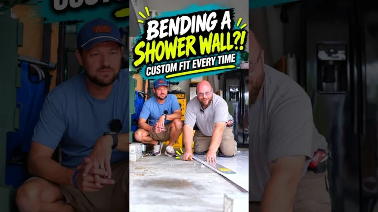 Bath Fitter installers bending a one-piece acrylic shower wall, video thumbnail