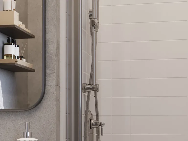 Napoli · White — A clean tile-look pattern shown in a bright white shower.