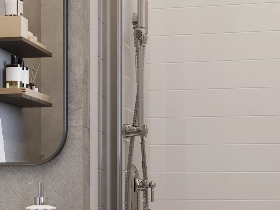 Napoli · White — A clean tile-look pattern shown in a bright white shower.