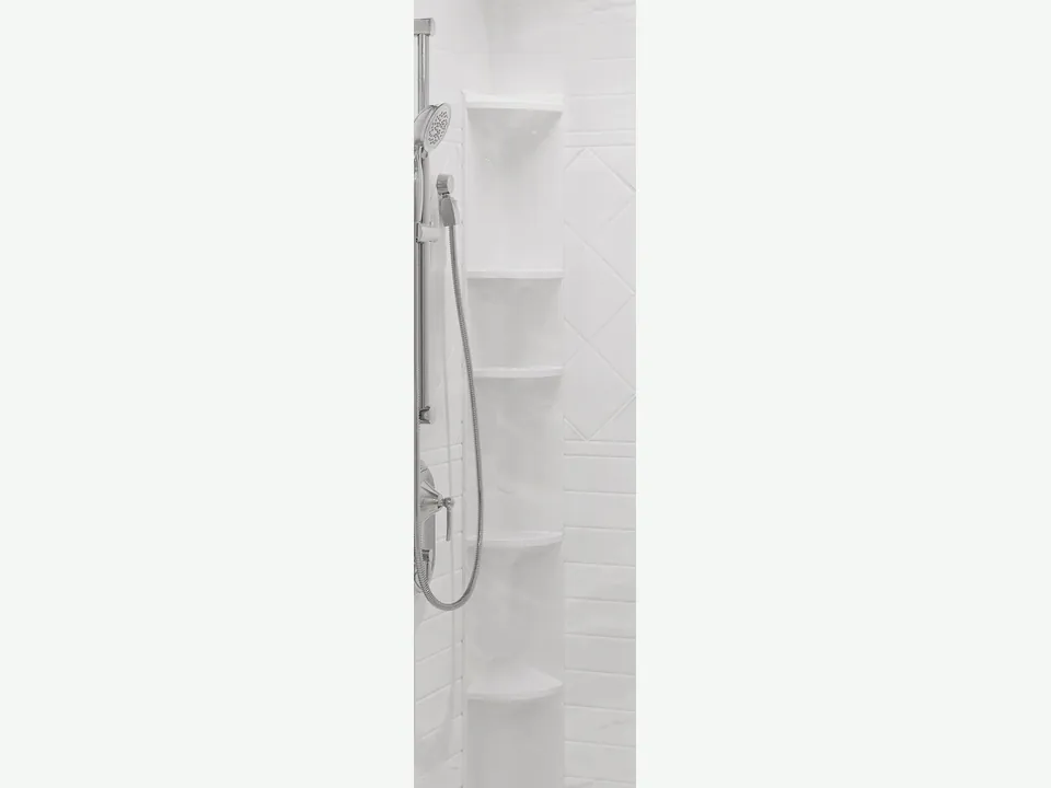 Tower shelf — Several storage levels keep bottles together in the shower corner.