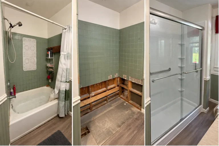 Three-step tub-to-shower conversion: a green-tiled bathroom with a bathtub, the same space with the tub removed and wall framing exposed, and the finished walk-in shower with white walls, corner shelves, two grab bars and a sliding glass door.