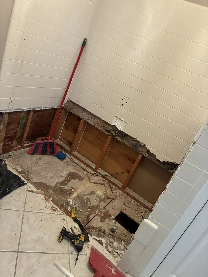 Demolition photo of a tub to shower conversion in West Columbia, SC